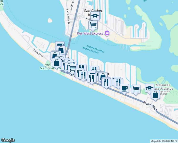 map of restaurants, bars, coffee shops, grocery stores, and more near in Fort Myers Beach