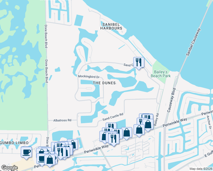 map of restaurants, bars, coffee shops, grocery stores, and more near 1210 Kittiwake Circle in Sanibel