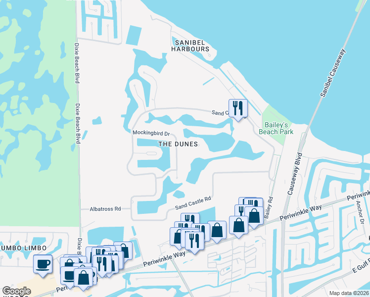 map of restaurants, bars, coffee shops, grocery stores, and more near 1210 Kittiwake Circle in Sanibel