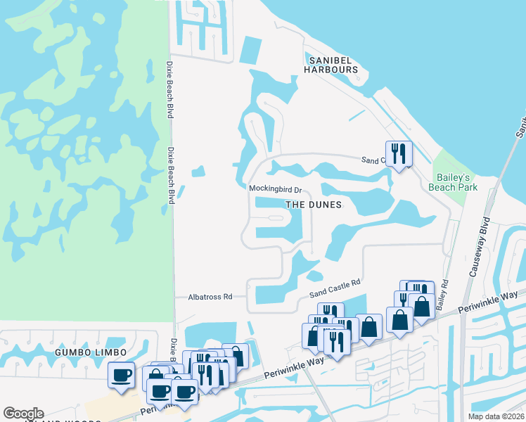 map of restaurants, bars, coffee shops, grocery stores, and more near 1454 Sandpiper Circle in Sanibel