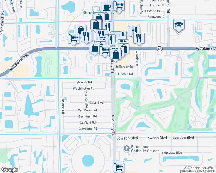 map of restaurants, bars, coffee shops, grocery stores, and more near 235 Chrystie Circle in Delray Beach