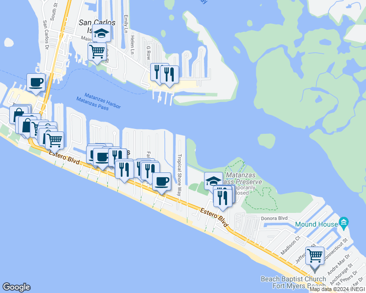 map of restaurants, bars, coffee shops, grocery stores, and more near 250 Tropical Shore Way in Fort Myers Beach