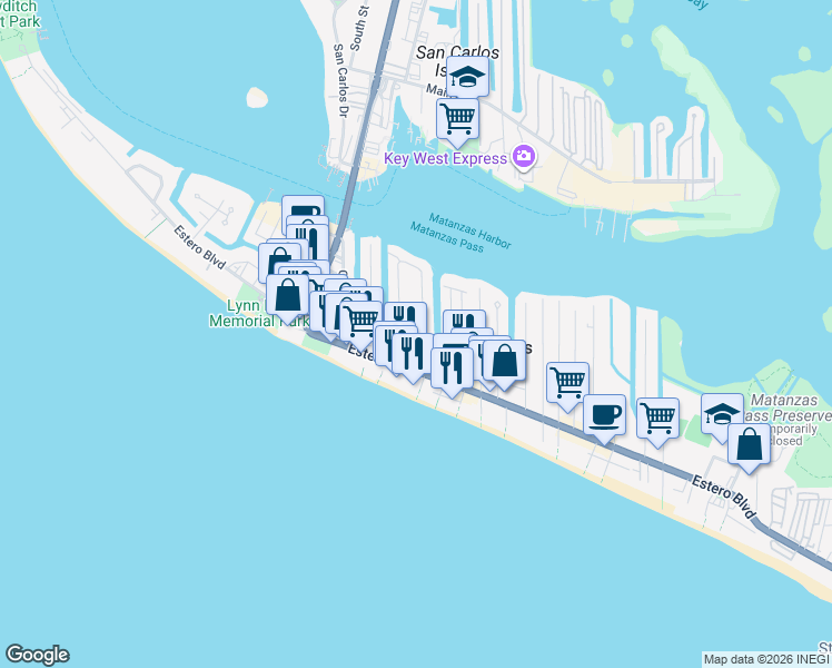 map of restaurants, bars, coffee shops, grocery stores, and more near 551 Palermo Circle in Fort Myers Beach
