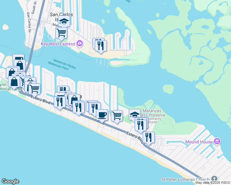 map of restaurants, bars, coffee shops, grocery stores, and more near 250 Tropical Shore Way in Fort Myers Beach