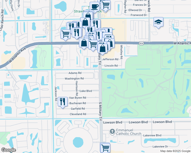 map of restaurants, bars, coffee shops, grocery stores, and more near 5091 Washington Road in Delray Beach