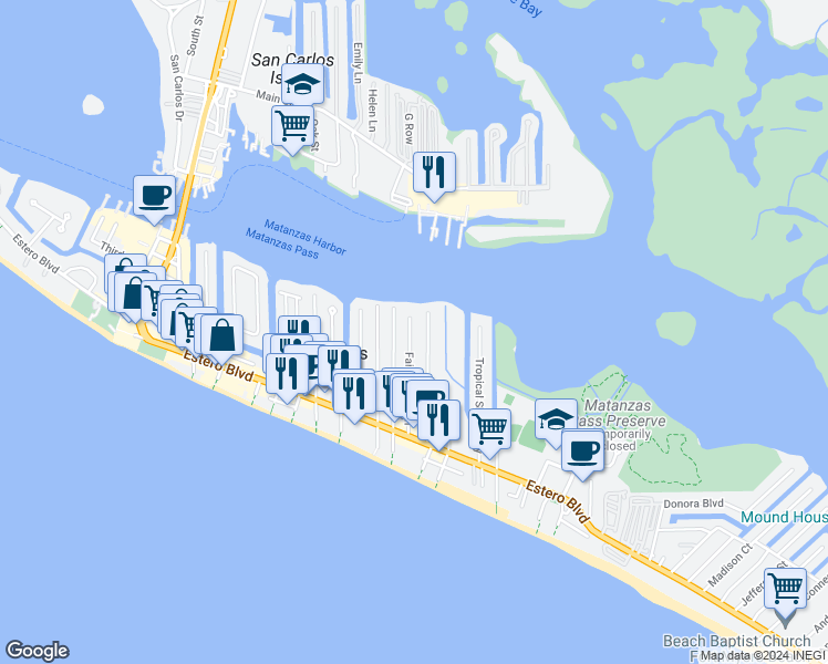 map of restaurants, bars, coffee shops, grocery stores, and more near 270 Fairweather Lane in Fort Myers Beach