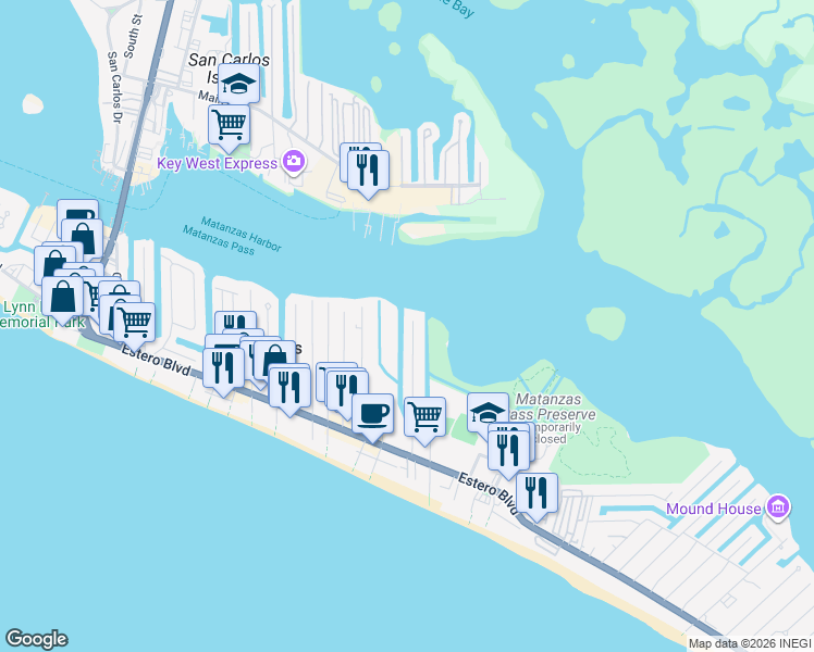 map of restaurants, bars, coffee shops, grocery stores, and more near 240 Tropical Shore Way in Fort Myers Beach