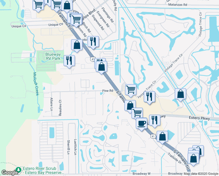 map of restaurants, bars, coffee shops, grocery stores, and more near 19750 South Tamiami Trail in Fort Myers