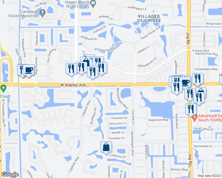map of restaurants, bars, coffee shops, grocery stores, and more near 15065 Michelangelo Boulevard in Delray Beach