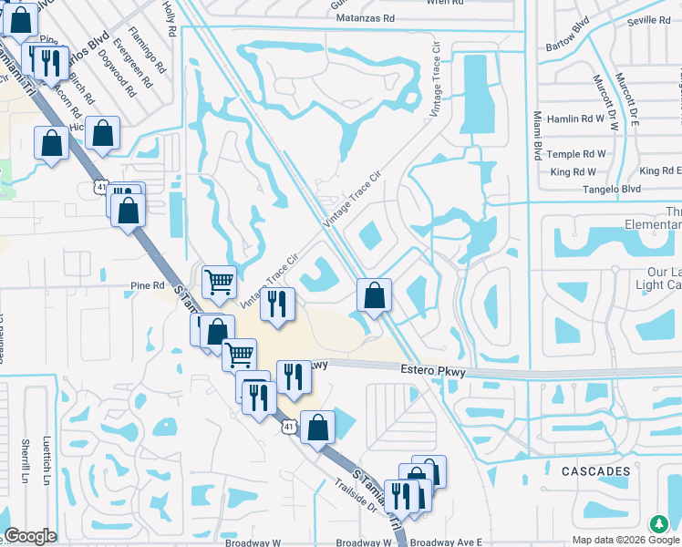 map of restaurants, bars, coffee shops, grocery stores, and more near 8550 Kingbird Loop in Fort Myers