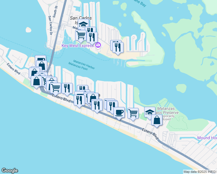 map of restaurants, bars, coffee shops, grocery stores, and more near 307 Fairweather Lane in Fort Myers Beach