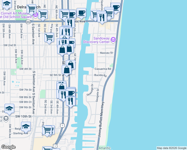map of restaurants, bars, coffee shops, grocery stores, and more near 1005 Bucida Road in Delray Beach