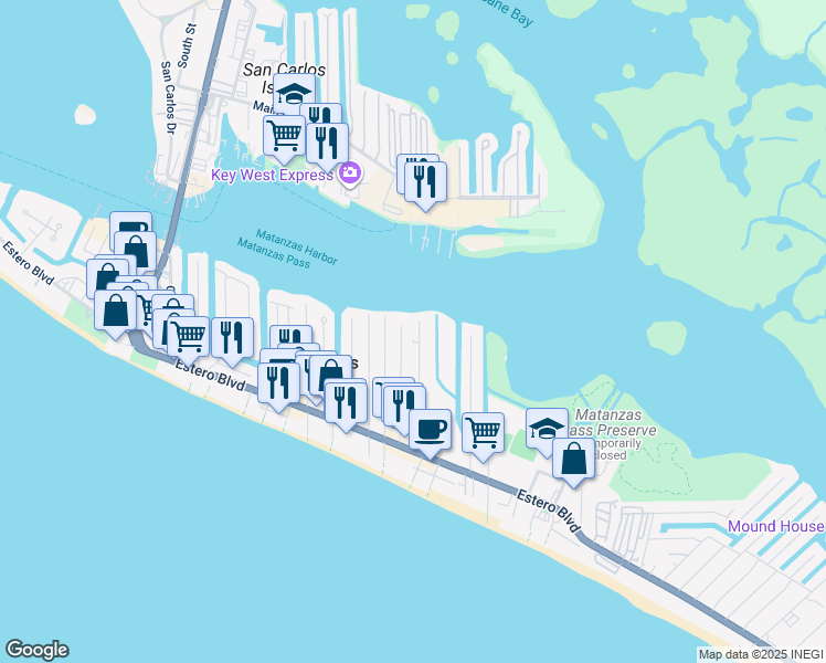 map of restaurants, bars, coffee shops, grocery stores, and more near 307 Fairweather Lane in Fort Myers Beach