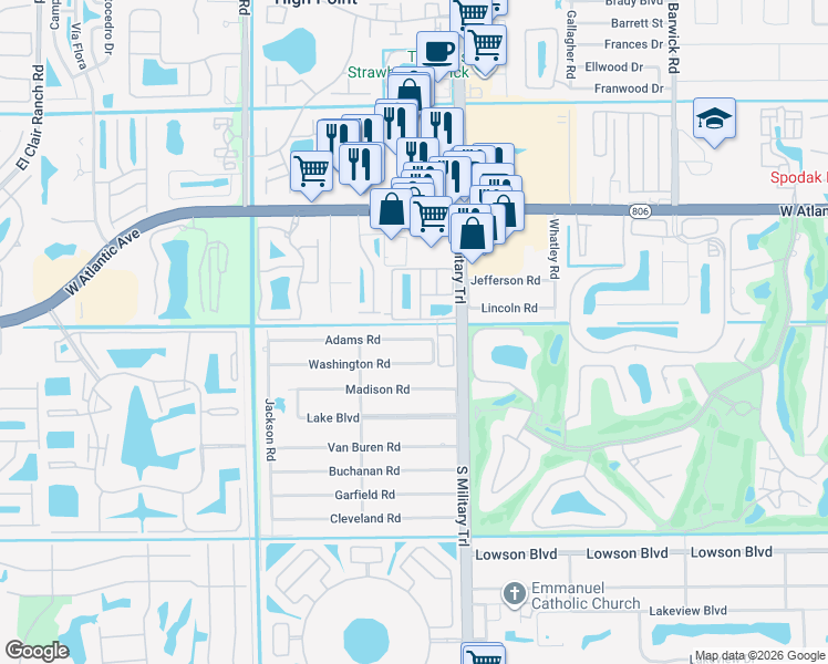 map of restaurants, bars, coffee shops, grocery stores, and more near 185 Astor Circle in Delray Beach