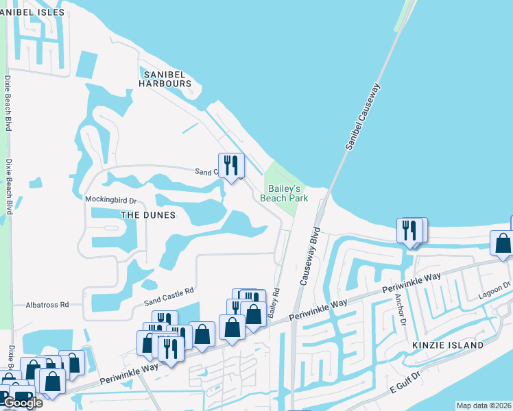 map of restaurants, bars, coffee shops, grocery stores, and more near 950 Sand Castle Road in Sanibel