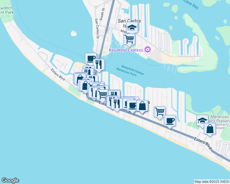 map of restaurants, bars, coffee shops, grocery stores, and more near 212 Palermo Circle in Fort Myers Beach