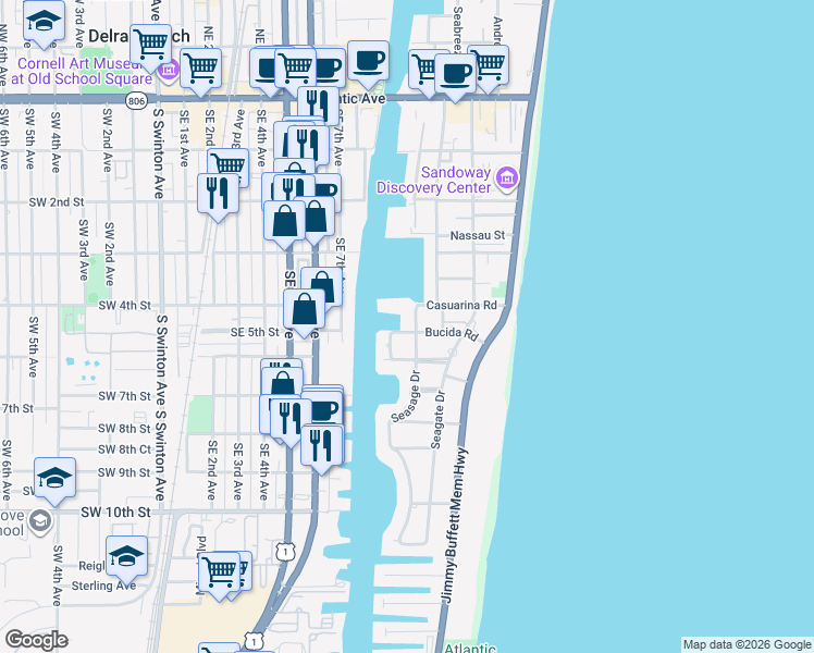 map of restaurants, bars, coffee shops, grocery stores, and more near 400 Seasage Drive in Delray Beach