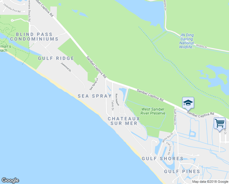 map of restaurants, bars, coffee shops, grocery stores, and more near 1396 Tahiti Drive in Sanibel