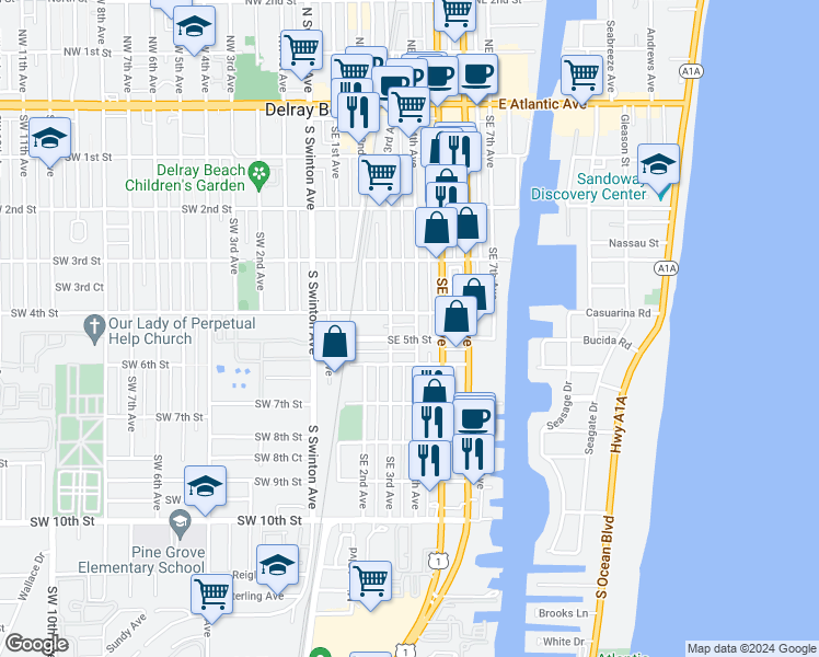 map of restaurants, bars, coffee shops, grocery stores, and more near 412 Southeast 4th Avenue in Delray Beach