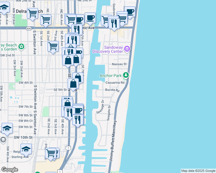 map of restaurants, bars, coffee shops, grocery stores, and more near 990 Casuarina Road in Delray Beach