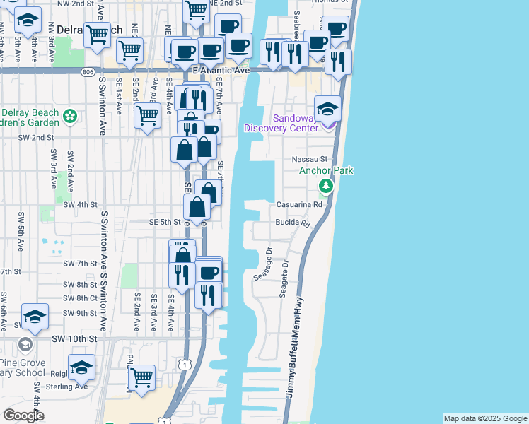 map of restaurants, bars, coffee shops, grocery stores, and more near 414 Seasage Drive in Delray Beach