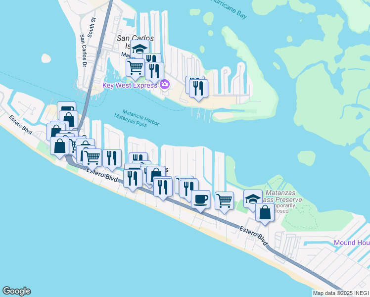 map of restaurants, bars, coffee shops, grocery stores, and more near 307 Fairweather Lane in Fort Myers Beach