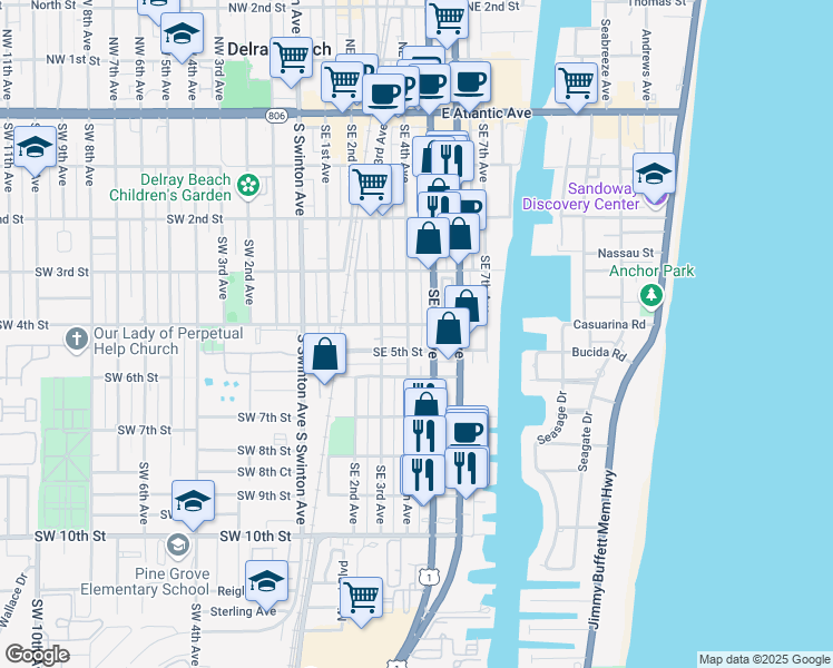 map of restaurants, bars, coffee shops, grocery stores, and more near 407 Southeast 4th Avenue in Delray Beach