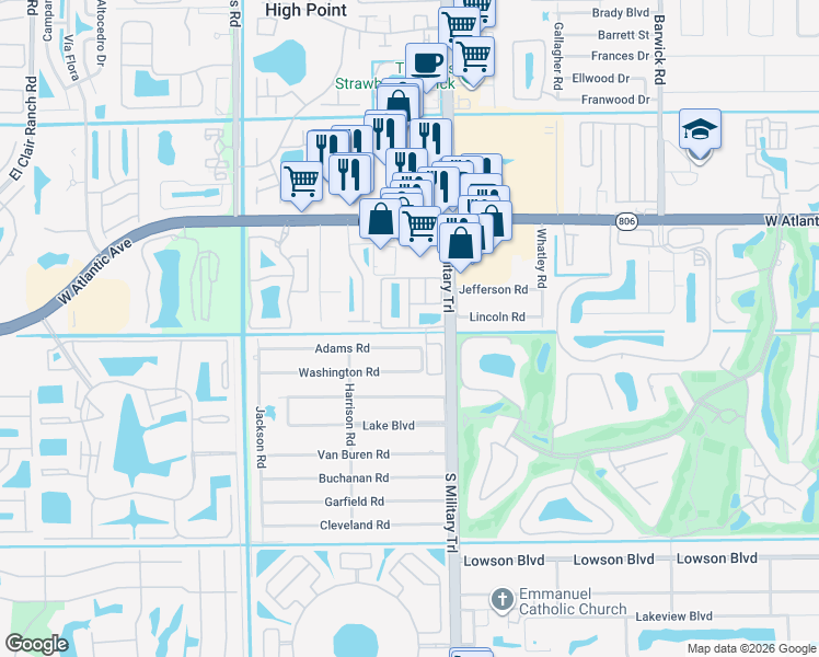 map of restaurants, bars, coffee shops, grocery stores, and more near Gramercy Square Drive in Delray Beach