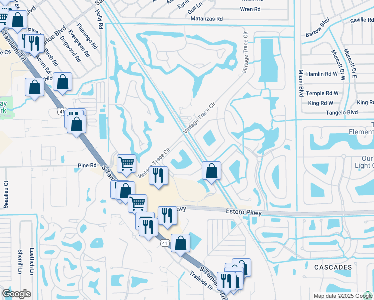 map of restaurants, bars, coffee shops, grocery stores, and more near 8550 Kingbird Loop in Fort Myers