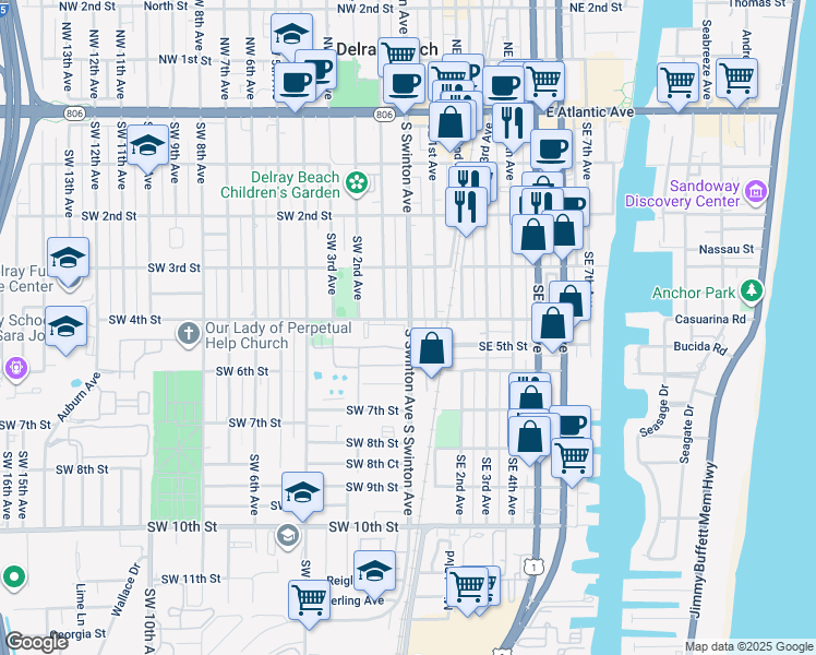 map of restaurants, bars, coffee shops, grocery stores, and more near 48 South Swinton Avenue in Delray Beach