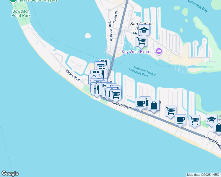 map of restaurants, bars, coffee shops, grocery stores, and more near 279 Crescent Street in Fort Myers Beach