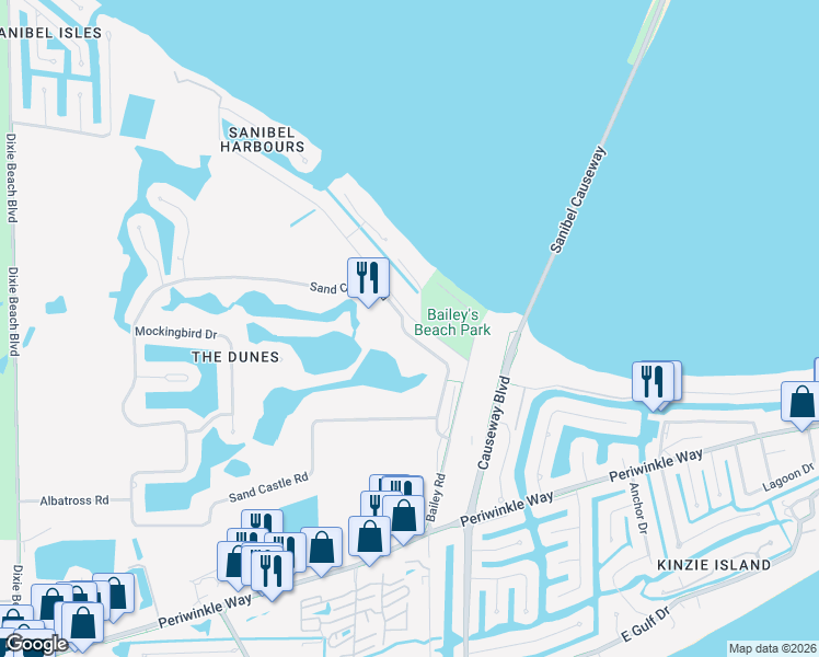 map of restaurants, bars, coffee shops, grocery stores, and more near 950 Sand Castle Road in Sanibel