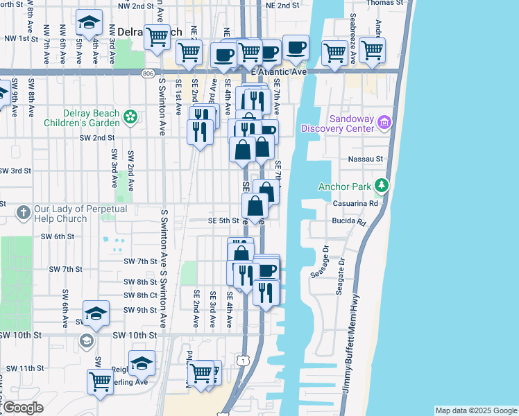 map of restaurants, bars, coffee shops, grocery stores, and more near 402 Southeast 6th Avenue in Delray Beach