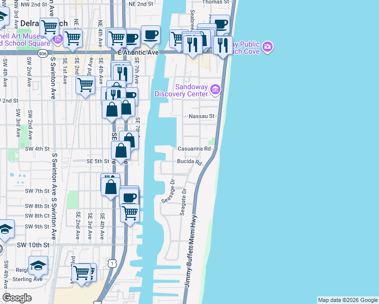 map of restaurants, bars, coffee shops, grocery stores, and more near 1028 Casuarina Road in Delray Beach