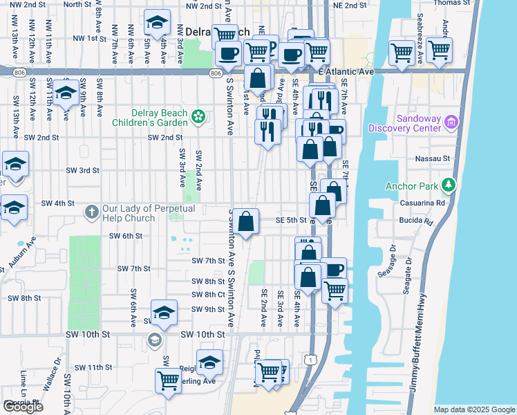 map of restaurants, bars, coffee shops, grocery stores, and more near 100 Southeast 4th Street in Delray Beach