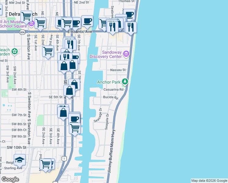 map of restaurants, bars, coffee shops, grocery stores, and more near 1028 Casuarina Road in Delray Beach