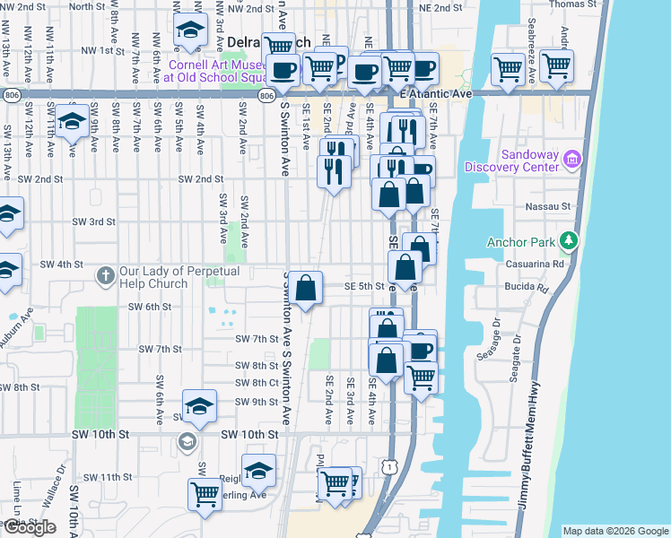 map of restaurants, bars, coffee shops, grocery stores, and more near 406 Southeast 3rd Avenue in Delray Beach