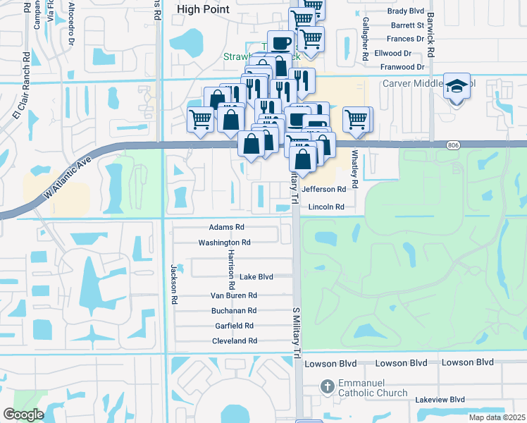 map of restaurants, bars, coffee shops, grocery stores, and more near 5105 Gramercy Square Drive in Delray Beach