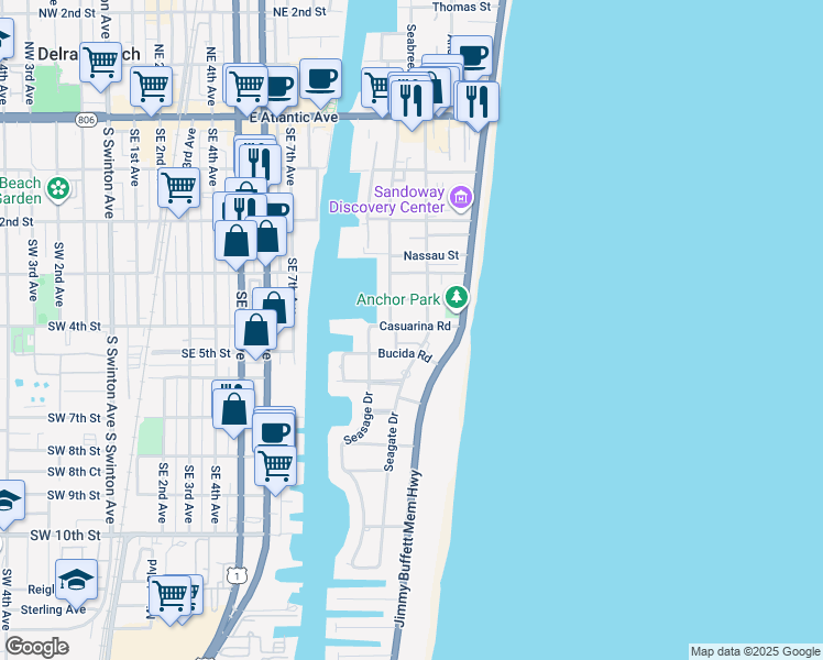 map of restaurants, bars, coffee shops, grocery stores, and more near 1028 Casuarina Road in Delray Beach