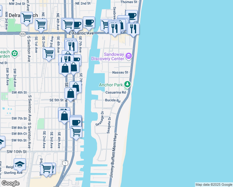 map of restaurants, bars, coffee shops, grocery stores, and more near 1028 Casuarina Road in Delray Beach