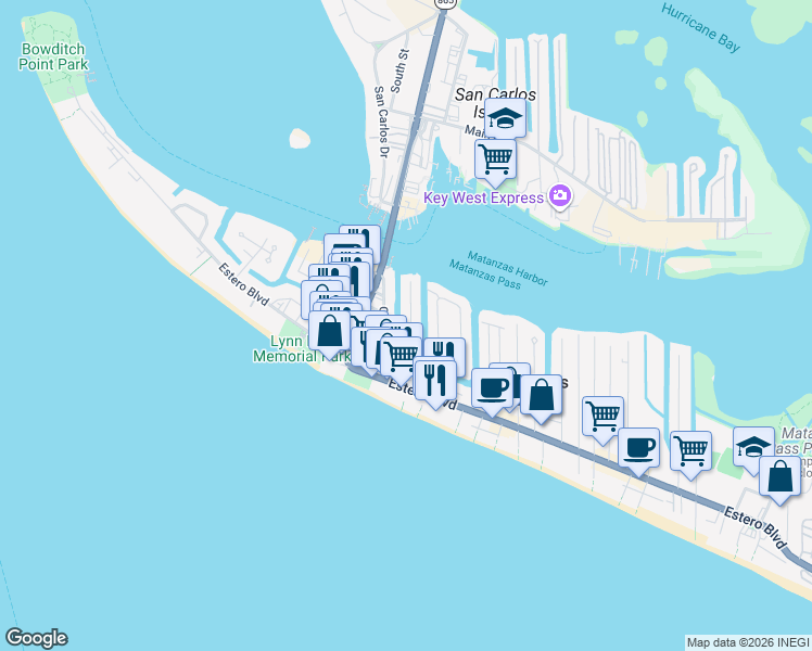 map of restaurants, bars, coffee shops, grocery stores, and more near 194 Primo Drive in Fort Myers Beach