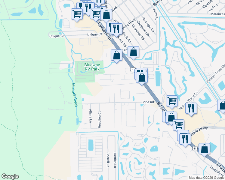 map of restaurants, bars, coffee shops, grocery stores, and more near 19670 Bristol Road in Fort Myers