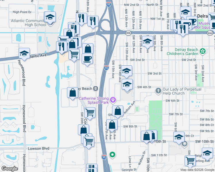 map of restaurants, bars, coffee shops, grocery stores, and more near 406 Southwest 15th Terrace in Delray Beach