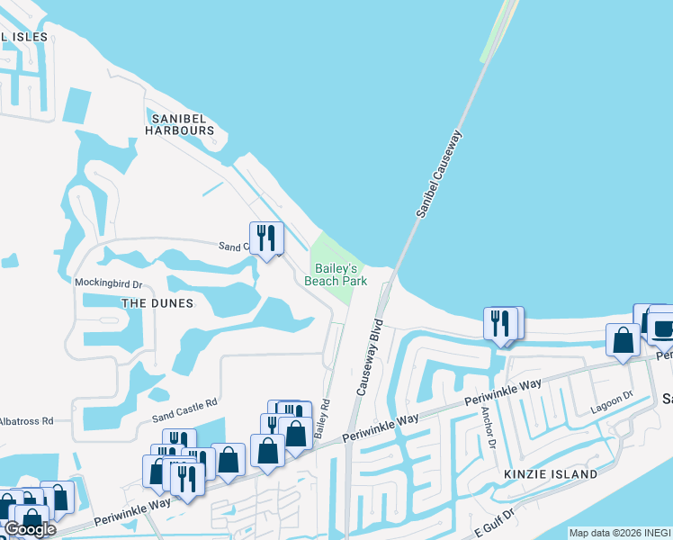 map of restaurants, bars, coffee shops, grocery stores, and more near 985 Bay Drive in Sanibel