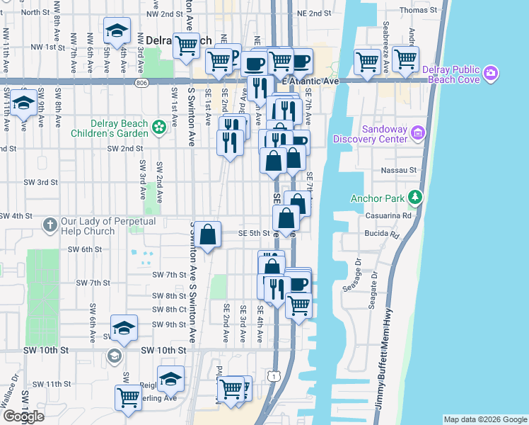 map of restaurants, bars, coffee shops, grocery stores, and more near 405 Southeast 4th Street in Delray Beach