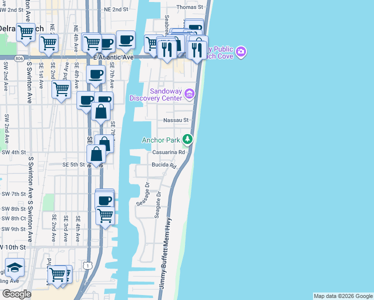map of restaurants, bars, coffee shops, grocery stores, and more near 348 South Ocean Boulevard in Delray Beach