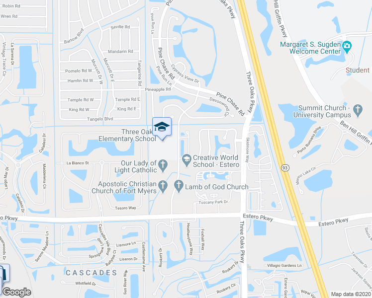 map of restaurants, bars, coffee shops, grocery stores, and more near 19571 Bowring Park Road in Fort Myers