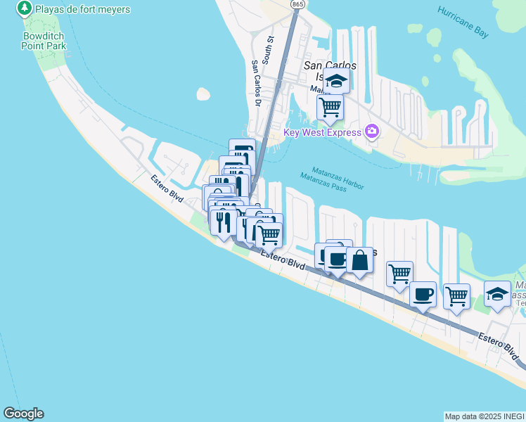 map of restaurants, bars, coffee shops, grocery stores, and more near 279 Crescent Street in Fort Myers Beach