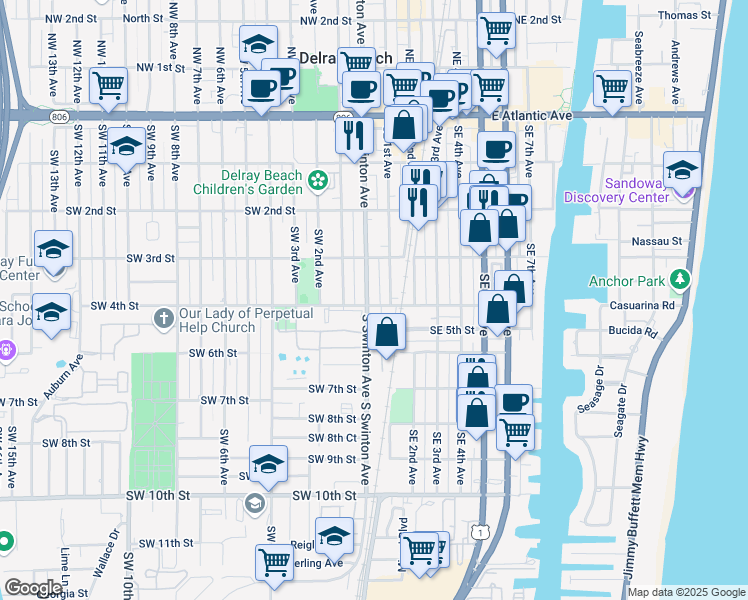 map of restaurants, bars, coffee shops, grocery stores, and more near 48 South Swinton Avenue in Delray Beach