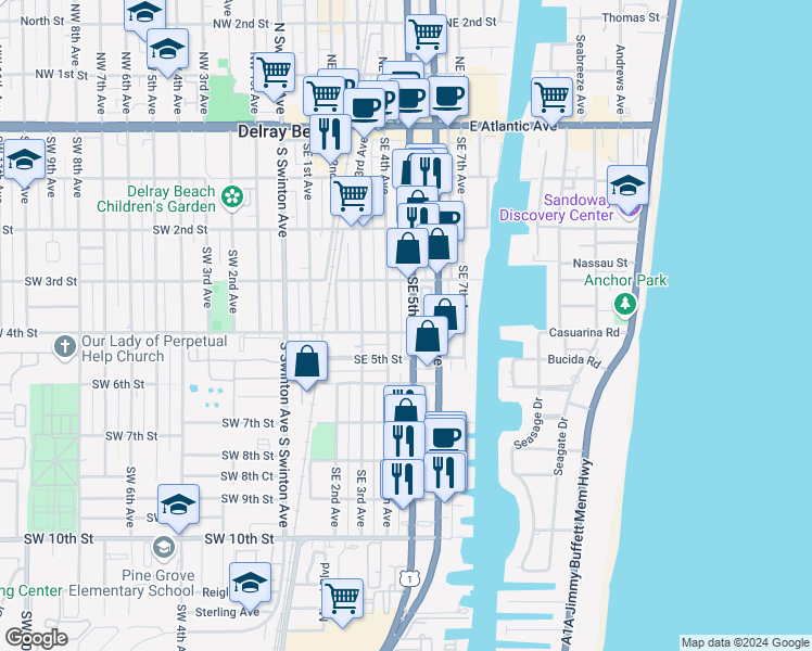 map of restaurants, bars, coffee shops, grocery stores, and more near 407 Southeast 4th Avenue in Delray Beach